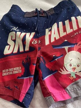 Disney Chicken Little Navy & Red 'Sky is Falling' Graphic Swim Shorts Flaw XS